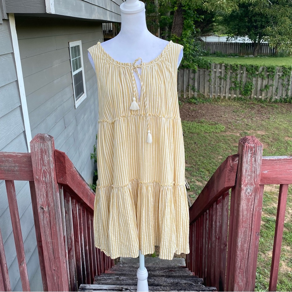 Hersy Cotton Yellow Striped Tiered‎ Lined Sleeveless Tassel Sundress Spring